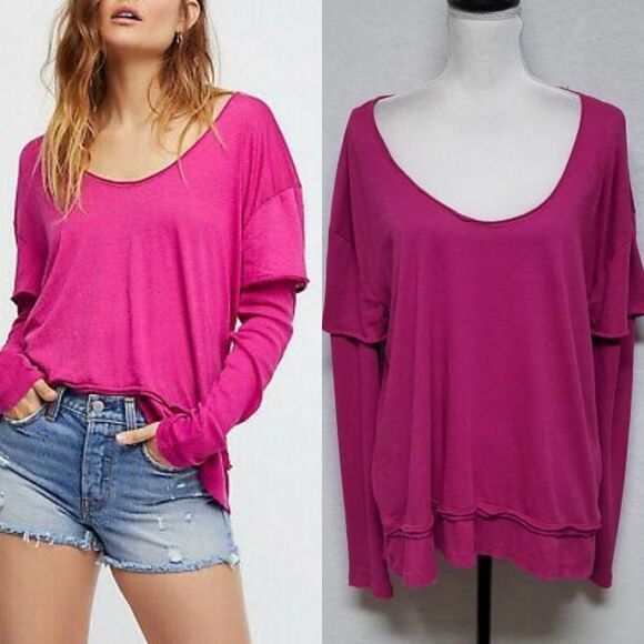 WE The Free Free People Magic Tee Layered Ribbed Pink Long Sleeve Wide Neck Top - Picture 1 of 12